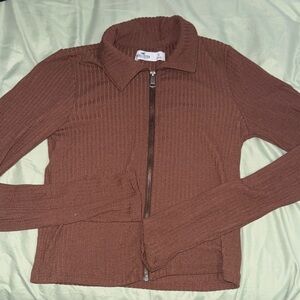 Women's Brown Ribbed Zip-Up Long-sleeve